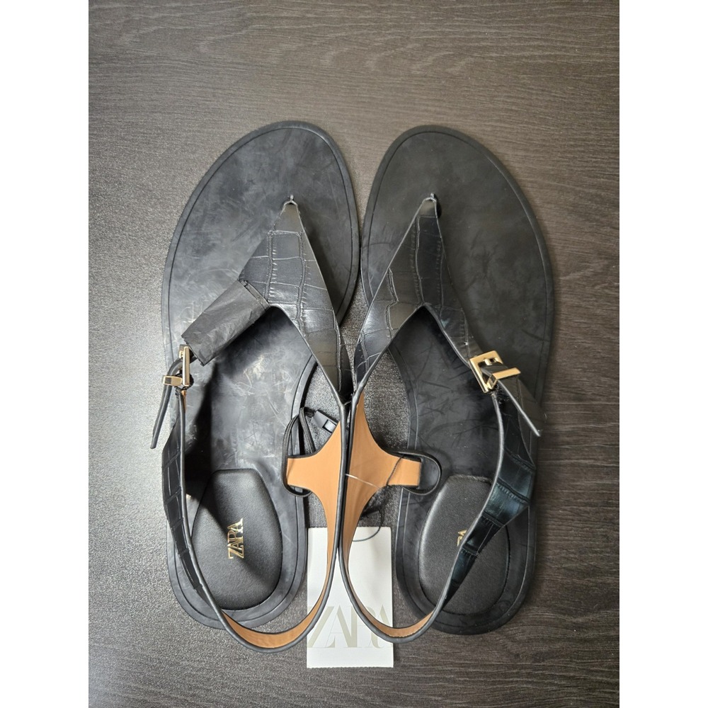 Zara Women's Croc Embossed Thong Sandal Black Size EU 41/US 10 NWT $49 - Picture 2 of 6